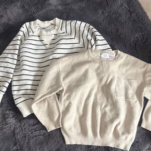 Zara Men's Cream and Striped Crewneck Sweaters